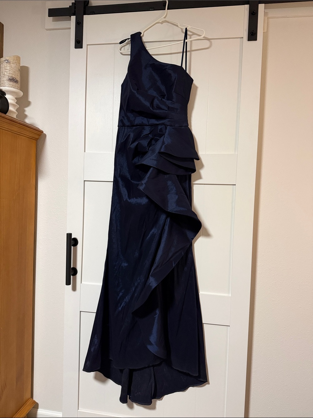 Betsy & Adam Navy One-Shoulder Ruffled Evening Gown